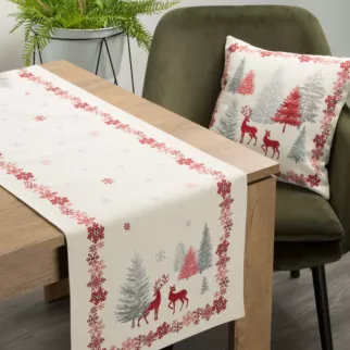 Bieżnik na stół kremowo, czerwony 45x140 cm gobelinowy z zimowym motywem skandynawskim