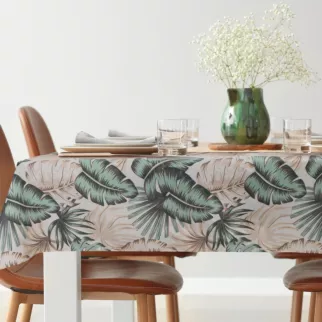 Obrus kremowo, zielony 140x220 cm wodoodporny GARDEN na taras oraz balkon z motywem egzotycznych liści
