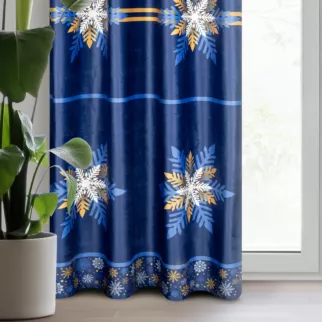 Zasłona welwetowa granatowo, złota zdobiona nadrukiem śnieżynek 140x250 cm przelotka - CAROL