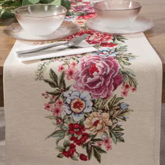 Bieżnik na stół 40x100 cm naturalno, różowy gobelinowy zdobiony motywem kwiatów