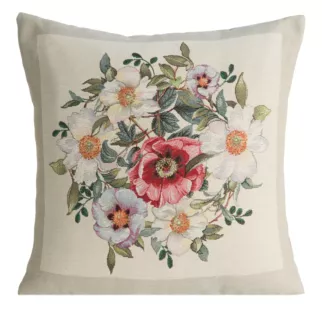 Poszewka na poduszkę 45x45 cm bawełniana, gobelinowa naturalno, czerwona z kwiatowym motywem GOB
