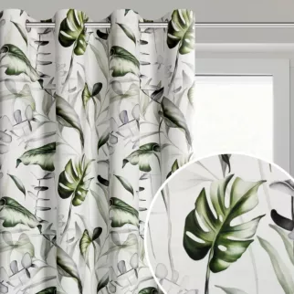 Zasłona biało, oliwkowa z motywem egzotycznych liści z welwetu 140x250 cm przelotka ELLEN