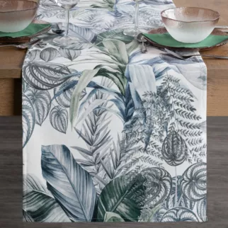 Bieżnik na stół biało, fioletowy 40x140 cm welwetowy DAVOS zdobiony nadrukiem egzotycznych liści DESIGN 92