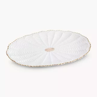 Patera ceramiczna  dekoracyjna kremowo-złota z wypukłym wzorem i złotymi akcentami 36x25x2 cm GAIA