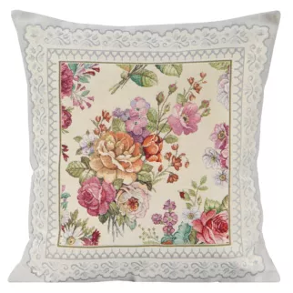 Poszewka na poduszkę 45x45 cm gobelinowa jasnoszara, różowa zdobiona tkanym motywem kwiatowym GOB