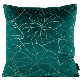 Poszewka na poduszkę 45x45 cm welwetowa ciemnoturkusowa ze złotym motywem liści BLINK