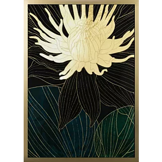 Obraz z nadrukiem liści i kwiatów w złotej ramce