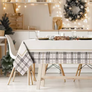 Obrus naturalno, czarny 140x200 cm gobelinowy ANGEL z motywem kraty i śnieżynek