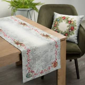 Bieżnik na stół popielato, czerwony 45x140 cm gobelinowy z motywem świątecznym