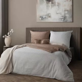 Pościel 160x200 cm komplet 3 częściowy z satyny bawełnianej kolor biało, beżowy w paseczki RAYA