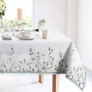 Obrus naturalno, miętowy 140x260 cm SUMMER 11 zdobiony nadrukiem letnich kwiatów