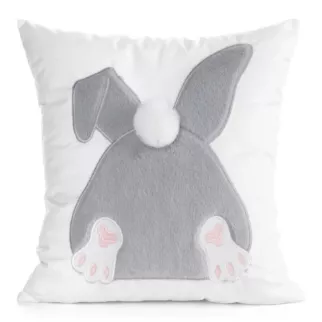 Wielkanocna poszewka na poduszkę 45x45 cm welwetowa z uroczym zajączkiem biało, srebrna WIOSNA 129