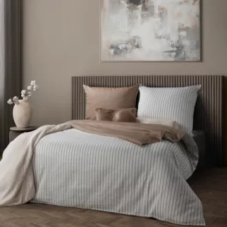 Pościel 140x200 cm komplet 2 częściowy z satyny bawełnianej kolor biało, beżowy w paseczki RAYA