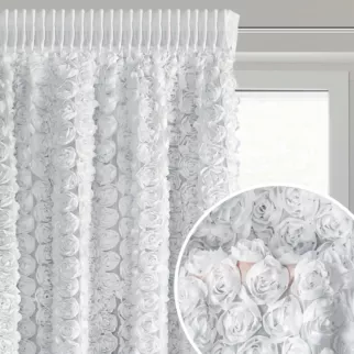 Zasłona biała z szyfonu zdobiona różami 3D 140x270 cm taśma - ROSES Eva Minge