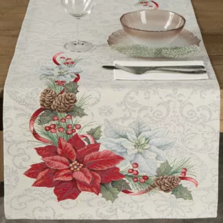Bieżnik na stół 50x110 cm srebrzysto, czerwony gobelinowy z motywem świątecznym, przetykany srebrną nicią
