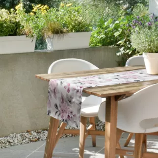 Bieżnik na stół biało, różowy 40x140 cm wodoodporny GARDEN na taras oraz balkon