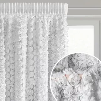 Zasłona biała z szyfonu zdobiona różami 3D 140x270 cm taśma - ROSES Eva Minge