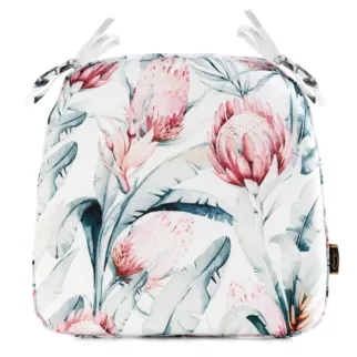 Poduszka na krzesło 38 x 40 x 4 cm  wodoodporna biało, niebieska zdobione roślinnym wzorem GARDEN