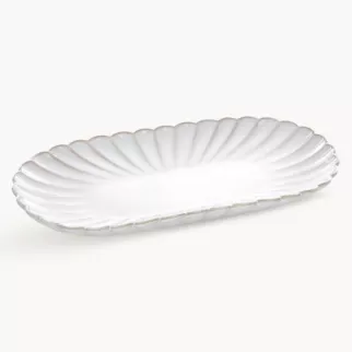 Patera ceramiczna dekoracyjna kremowo-beżowa z przecieranym wzorem w stylu eko 31x16x3 cm AVRIL