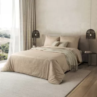 Pościel 160x200 cm komplet 3 częściowy satyna bawełniana kolor beżowy w drobne prążki VERA