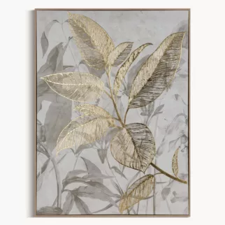 Obraz beżowo, złoty nadruk na płótnie z motywem liści 60x80 cm