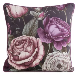 Poszewka na poduszkę 45x45 cm welwetowa, fioletowo czarna, dwustronna z motywem kwiatów Eurofirany Premium