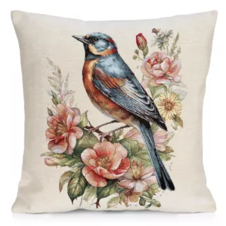 Poszewka na poduszkę 45x45 cm gobelinowa naturalno popielata z tkanym motywem uroczego ptaszka