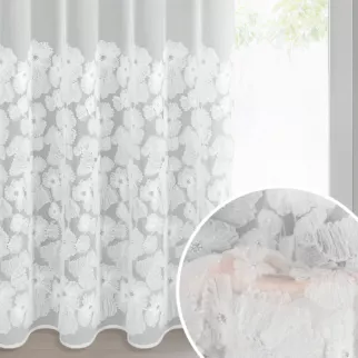 Firana biała z siateczki zdobiona kwiatami z dodatkiem drobnych perełek 3D 140x250 cm przelotka - JASMIN 2 Eva Minge