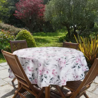 Obrus okrągły biało, różowy średnica 150 cm wodoodporny GARDEN na taras oraz balkon