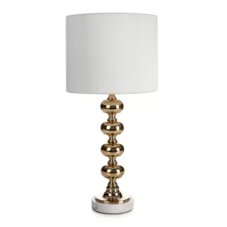 Lampa stołowa do salonu biało, złota DAISY na podstawie z marmuru i metalu z abażurem z matowej tkaniny