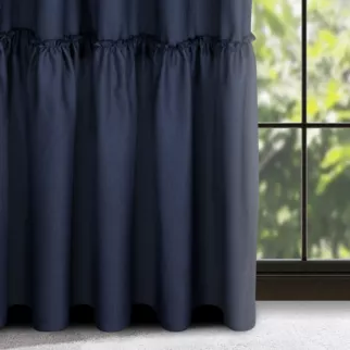 Zasłona granatowa z falbaną z tkaniny o płóciennym splocie 140x260 cm taśma - LENA