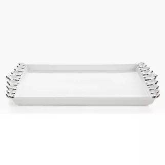 Patera dekoracyjna biało, srebrna zdobiona metalicznymi kwiatami 39x22x3 cm ARIANA