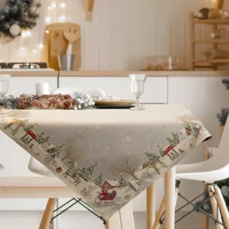 Obrus popielato, złoty 140x180 cm gobelinowy z motywem zimowej wioski