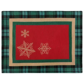 Podkładka na stół czerwono, zielona 35x45 cm gobelinowa CHERRY z motywem złotych śnieżynek i ozdobną kantą w kratę