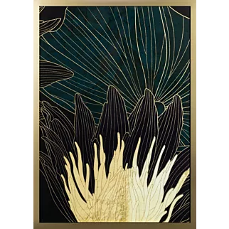 Obraz z nadrukiem liści i kwiatów w złotej ramce