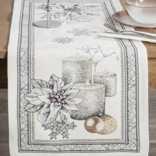 Bieżnik na stół popielato, srebrny 40x100 cm gobelinowy zdobiony wzorem świątecznym