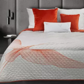 Narzuta welwetowa naturalno, pomarańczowa 220x240 cm z nadrukiem żurawii pikowana metodą hot press LEA Eurofirany Premium