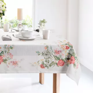 Obrus naturalno, różowy 140x240 cm SUMMER 12 zdobiony nadrukiem letnich kwiatów