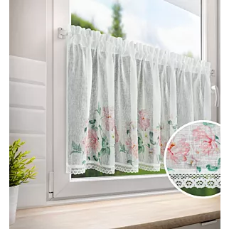 Zazdrostka biało, różowa z etaminy zdobiona nadrukiem kwiatów i koronką 150x60 cm tunel ASTEJA