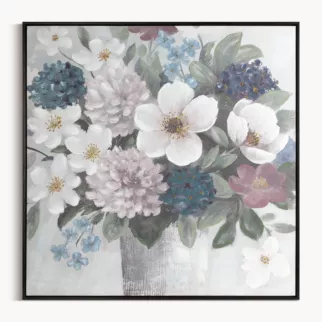 Obraz kremowo, zielony ręcznie malowane kwiaty na płótnie z błyszczącymi akcentami 80x80 cm