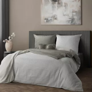 Pościel 160x200 cm komplet 3 częściowy z satyny bawełnianej kolor biało, stalowy w paseczki RAYA