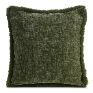 Poszewka na poduszkę 45x45 cm oliwkowa szenilowa zdobiona futerkiem na brzegach BLANCA 01