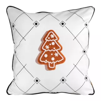 Poszewka na poduszkę 60x60 cm świąteczna z miękkiego welwetu biało brązowa z motywem piernikowej choinki JOY