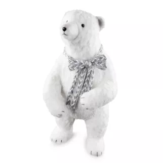 Duża figurka świąteczna dekoracyjna NIEDŹWIEDZ w plecionym szaliku z lśniącymi drobinkami