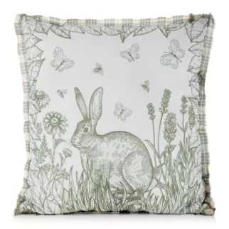 Poszewka na poduszkę 45x45 cm o strukturze lnu kremowo, zielona zdobiona nadrukiem zajączka WIOSNA 60