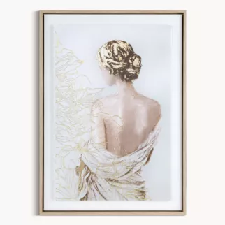 Obraz kremowo, złoty dekorayjny z artystycznym motywem postaci oprawiony w ramę 50x70 cm