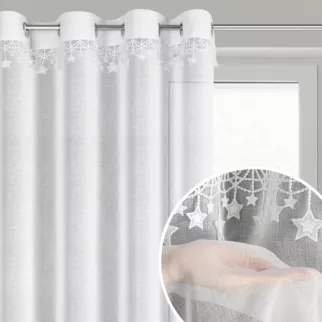 Firana świąteczna biała z etaminy zdobiona aplikacją z motywem gwiazdek 140x250 cm przelotki - XMAS