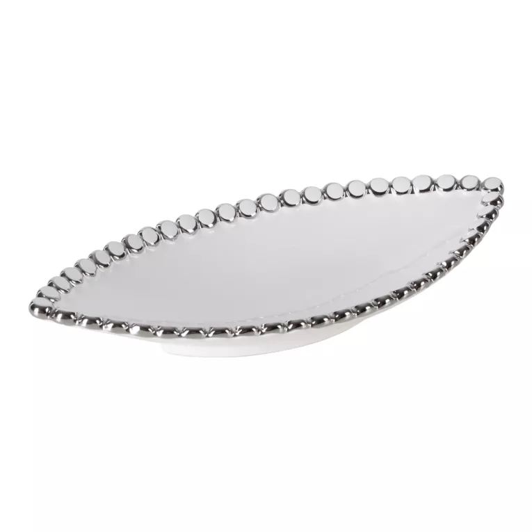 Patera ceramiczna w kształcie łódki ELORA zdobiona na brzegach kółeczkami podkreślonych srebrnym odcieniem