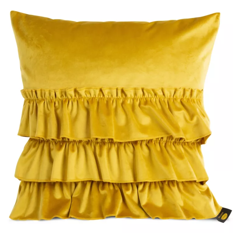 Poszewka na poduszkę 45x45 cm welwetowa kolor musztardowy z trzema falbanami CHARLOTTE