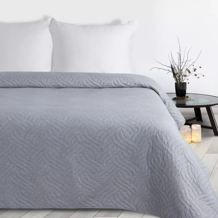 Narzuta imitująca len srebrna 170x210 cm pikowana metodą hot press w geometryczny wzór  LEN Design 91